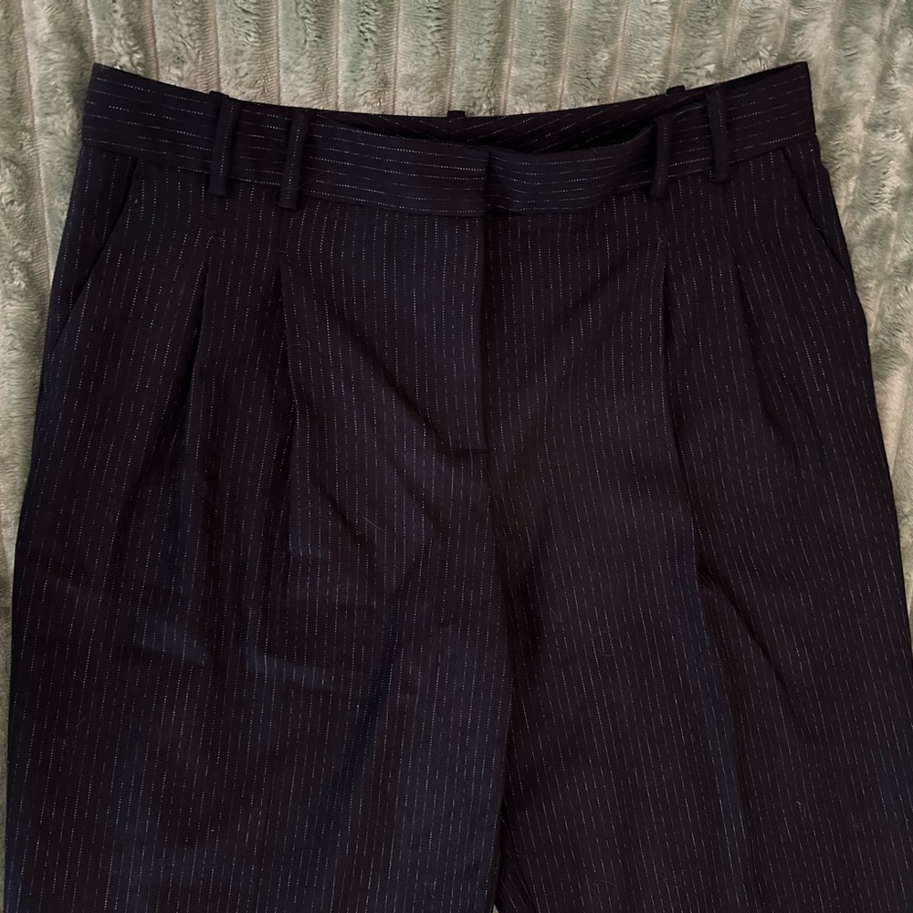 Zara - Navy Blue Pinstriped Pleated Straight Leg Pants - Picture 2 of 11